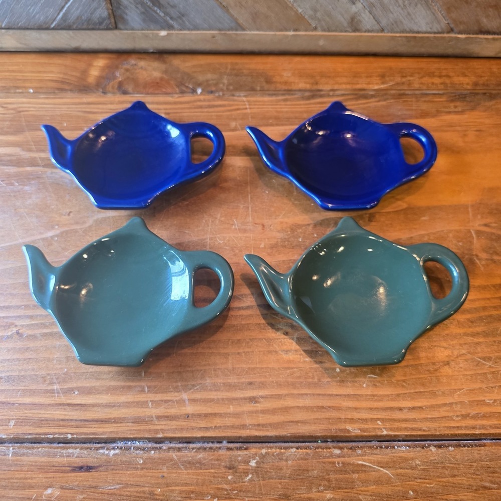 Le Gourmet Chef Tea Bag Holders Ceramic Cobalt Blue & Green 4.5" x 3" Lot of 4